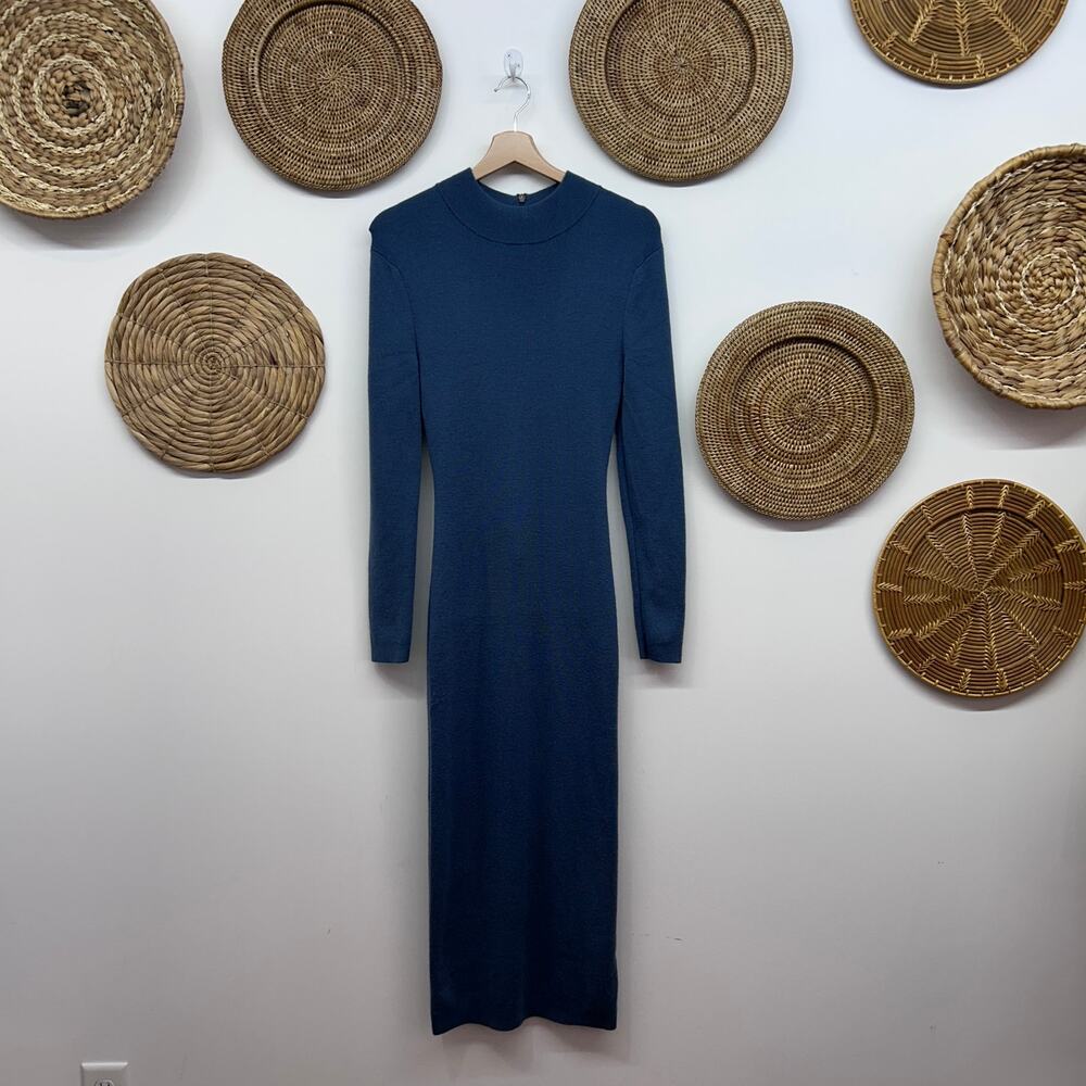 $350 MICHAEL Michael Kors Knit Mock Neck Midi Sweater Dress Medium Blue Merino